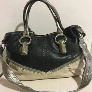 B. Makowsky Black beige silver leather satchel